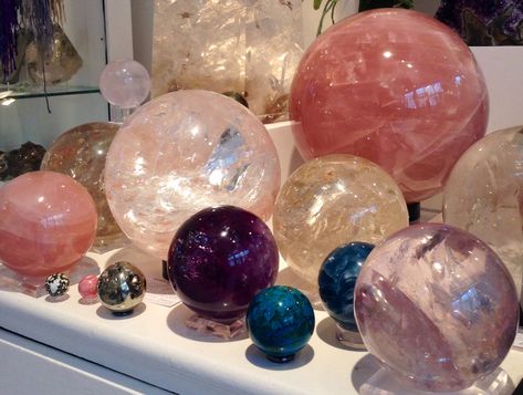 Colored glass and crystal sphere collection Crystal Aesthetic, Pretty Rocks, Crystal Magic, Witch Aesthetic, Rocks And Gems, Crystal Sphere, Gems And Minerals, Crystal Gems, Crystals Minerals