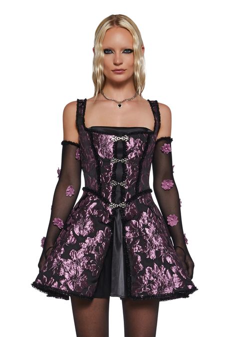 Satin Floral Brocade Overskirt Lace-Up Mini Dress And Glove Set Sugar Thrillz - Black/Pink – Dolls Kill Dress And Gloves, Mesh Gloves, Sugar Thrillz, Pink Doll, Fairy Dress, Floral Applique, Kawaii Fashion, Dolls Kill, Appliques