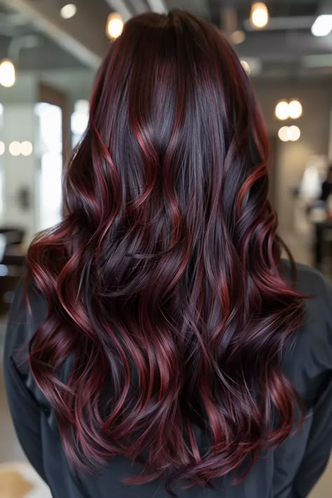 40 Chocolate Cherry Brown Hair Ideas for the Ultimate Luxurious Look Chocolate Hair Red Highlights, Chocolate Brown Hair With Red Highlights, Red Brown Balayage, Cherry Red Highlights, Chocolate Cherry Brown Hair, Chocolate Cherry Hair, Red Highlights In Brown Hair, Deep Red Hair Color, Cherry Cola Hair Color