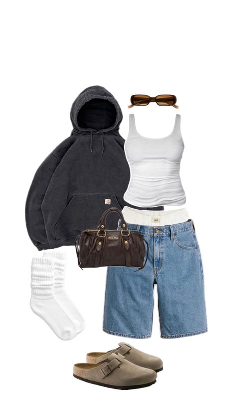 ahs style, birkenstock, jort, hoodie School Outfits Latina, Fall Outfits Aesthetic Casual, Latina Christmas, Girlfriend Outfits, Ahs Style, Going To Sleep, Outfit Inspo Casual, Shein Outfits, Cute Lazy Day Outfits