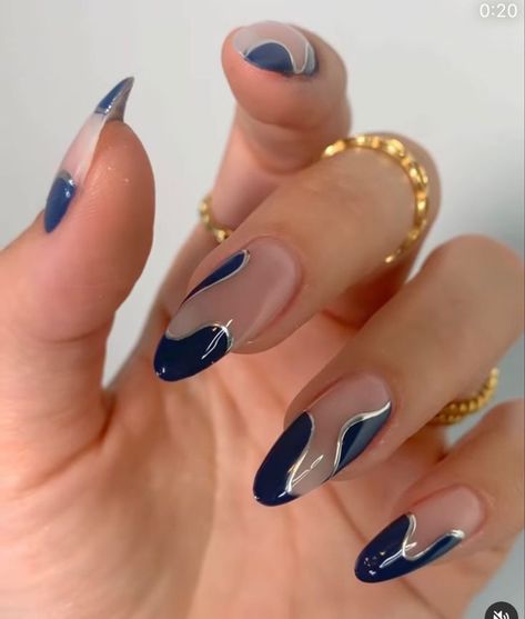 Blue And Silver Nails, Wave Nails, Navy Nails, Long Nail Art, Halloween Nails Easy, Simple Fall Nails, Cute Simple Nails, Different Nail Designs, Acrylic Nail Kit