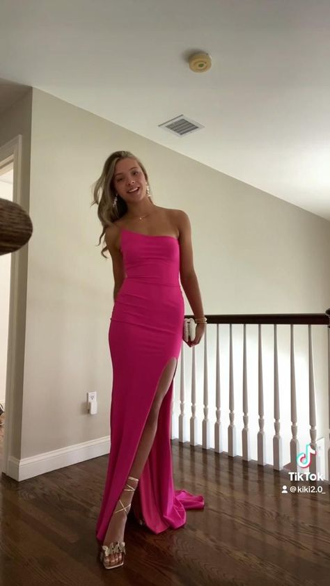 Elegant Dresses Classy Prom, Homecoming Dresses Pink Long, Hot Pink Silk Prom Dress, Long Pink Formal Dress, Prom Dresses Freshman Year, Senior Prom Dresses Pink, Hot Pink Formal Dresses Long, Deep Pink Prom Dress, Hoco Long Dresses