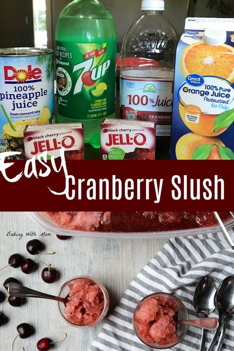 Easy Cranberry Slush with pineapple juice, cranberry juice, orange juice is a great summertime treat and is also good as a Christmas punch! Easy to make and delicious Cranberry Juice Pineapple Juice, Black Cherry Jello, Pineapple Juice Recipes, Popcorn Recipes Easy, Cranberry Jello, Juice Pineapple, Slush Recipes, Popcorn Recipes Caramel, Homemade Alcohol