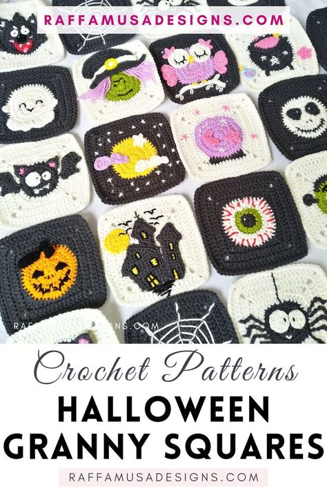 a picture showing a few of the Halloween granny squares including a witch, owl, crystal ball, pumpkin, spider, spiderweb, evil eye, bat, ghost, werewolf, skull, haunted house, etc Halloween Granny Square, Scary Crochet, Crochet Patterns Halloween, Granny Square Patterns, Granny Square Pattern Free, Waterfall Card, Patterns Halloween, Granny Square Crochet Patterns Free, Fall Crochet Patterns