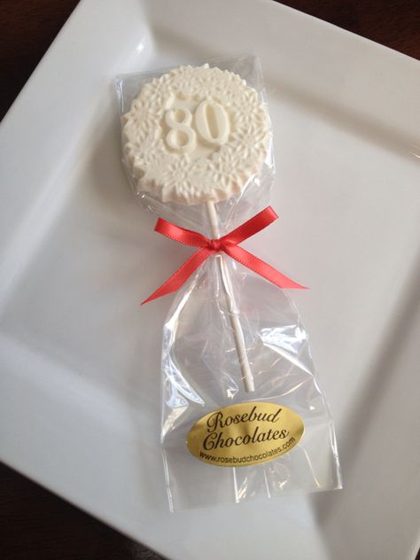 Chocolate #80 Lollipop... 80th Birthday Party Candy Favor www.rosebudchocolates.com 75th Birthday Party Favors, Chocolate Party Favors, 80 Birthday, Happy Birthday Papa, Lollipop Favors, Chocolate Lollipop, Lollipop Party, 75th Birthday Parties, Chocolate Ideas