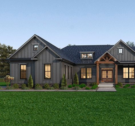 Modern Farmhouse Ranch Exterior, Dark Modern Farmhouse Exterior, Modern Farmhouse Exterior Ranch, Modern Farmhouse Floorplan, Modern Farmhouse Ranch, Modern Ranch House, Floor Plans Ranch, Dark Modern, Contemporary House Exterior