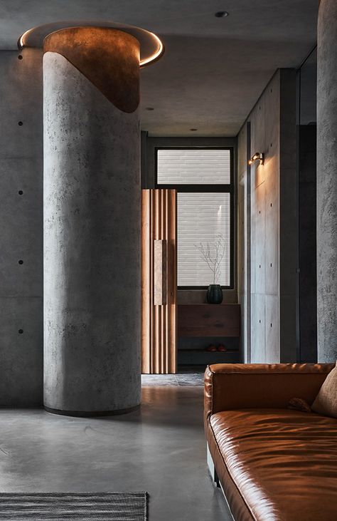 Round Column Design, Concrete Home Interior, Concrete Column Design, Column Design Ideas, Concrete Interior Design, Textured Feature Wall, Textured Wall Panels, Concrete Interiors, Concrete Column