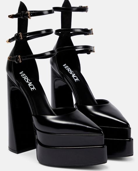 Versace Heels, Pointy Pumps, Dr Shoes, Leather Mini Dress, Pretty Shoes, Dream Shoes, Platform Pumps, Ankle Straps, Platform Boots