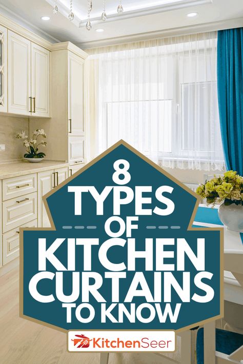 8 Types of Kitchen Curtains and what you should know about them By KitchenSeer Drapes For Kitchen, How To Hang Kitchen Curtains, Curtains For Large Kitchen Window, Kitchens With Curtains, Large Kitchen Window Curtain Ideas, Kitchen Curtain Ideas Modern Window, Long Curtains In Kitchen, Long Kitchen Curtains, Large Kitchen Window Over Sink Curtains