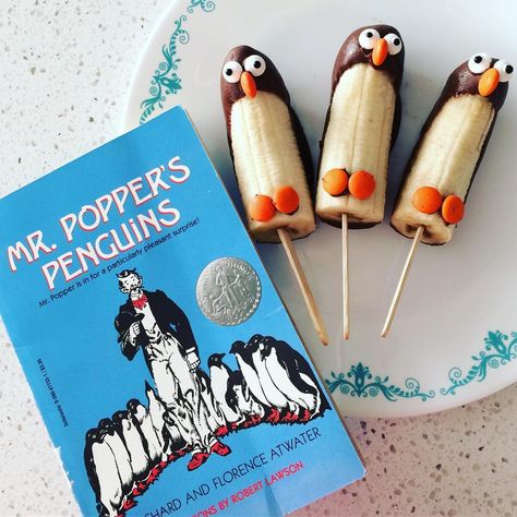 Kids book club. Book: Mr. Popper's Penguins, Treat: banana penguin pops  Instagram: @poshkristen #kidsbookclub Mr Poppers Penguins Party, Penguin Party Ideas, Mr Poppers Penguins, Lunch Treats, Mr Popper, Homeschool Literature, Penguin Birthday Party, Penguin Theme, Penguin Birthday