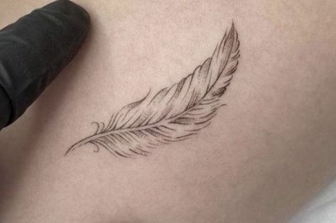 Crown And Feather Tattoo, Fine Feather Tattoo, Fineline Feather Tattoo, Writers Tattoos, Tiny Feather Tattoo, Feather Underboob Tattoo, Angel Feather Tattoo, Flower Feather Tattoo, Veer Tattoo