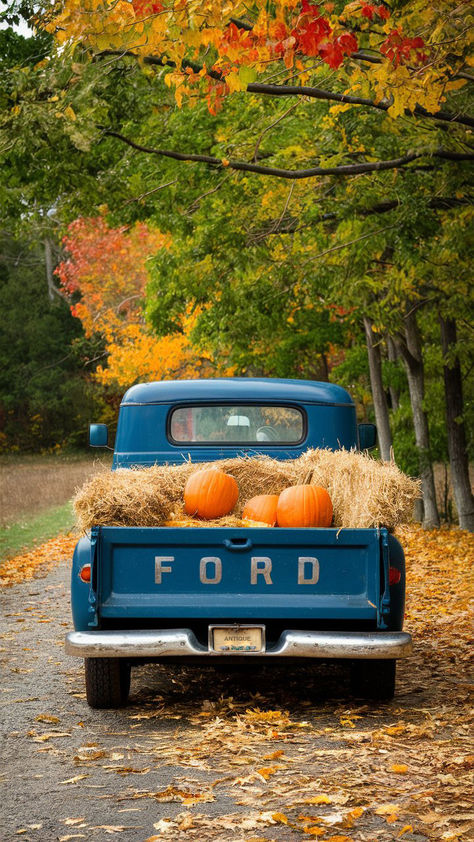 A blue Ford pickup truck with pumpkins and hay bales in the back, parked on a fall foliage-lined road. Fall In The Country Aesthetic, Vintage Truck With Pumpkins, Vintage Farm Truck, Fall Foliage Aesthetic, Country Fall Aesthetic, Fall Pumpkin Aesthetic, Farm Thanksgiving, Fall In The Country, Fall Cozy Home