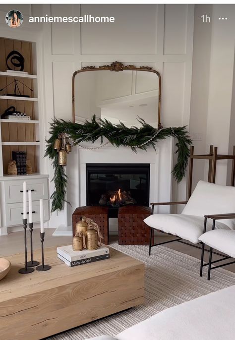 Mantle Decor Christmas Fireplace, Fireplace No Mantle Christmas, Tv Mantle Christmas Decor, Simple Fireplace Christmas Decor, Christmas Mantle Decor With Mirror, Modern Farmhouse Christmas Mantle, Christmas Fireplace No Mantle, Christmas Garland Tv Stand, Minimalist Christmas Mantle Decor