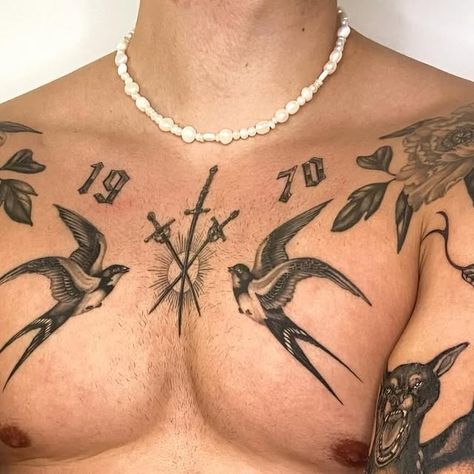 1998 Neck Tattoo, Left Chest Tattoo Men Ideas, Guy Chest Tattoos, Mid Chest Tattoo Men, Chest Tattoo Men Ideas Unique, Chest Tattoo Traditional, Men’s Chest Tattoos, Chest Tats Men, Half Chest Tattoo Men Ideas