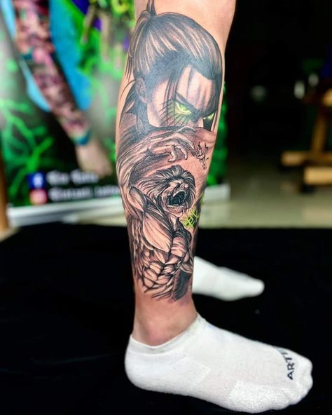 Attack on titan. Aot. Eren yeager. Eren jeager. Fallen angel. Tattoo. Anime tattoo.  Titan. Tatakae. Anime Leg Tattoo Ideas, Anime Tattoos For Men Leg, Anime Calf Tattoo, Eren Fallen Angel, Aot Tat, Anime Tattoos For Men Sleeve, Nabi Tattoo, Anime Forearm Tattoo, Anime Leg Tattoo