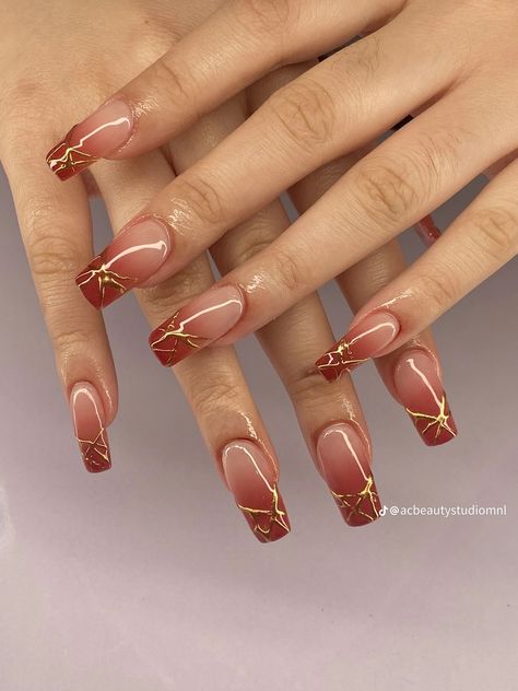 French Fall Nails Square, Square Shaped Nails Design, Nails Red With Gold, Short Nails Ideas Square, Orange Red Nails, Ballerina Acrylic Nails, Retro Nails, Square Nail Designs, Long Nail Designs