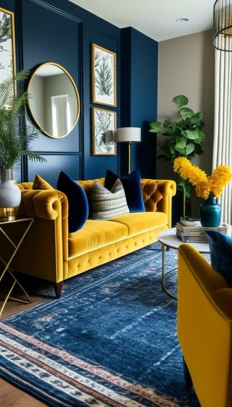 Décoration Jaune et Bleu Blue Velvet Sofa Living Room Ideas, Blue And Mustard Living Room, Blue Velvet Sofa Living Room, Mustard Living Rooms, Trendy Sofas, Small Tv, Latest Sofa Designs, Living Room Decor Colors, Wallpaper Interior