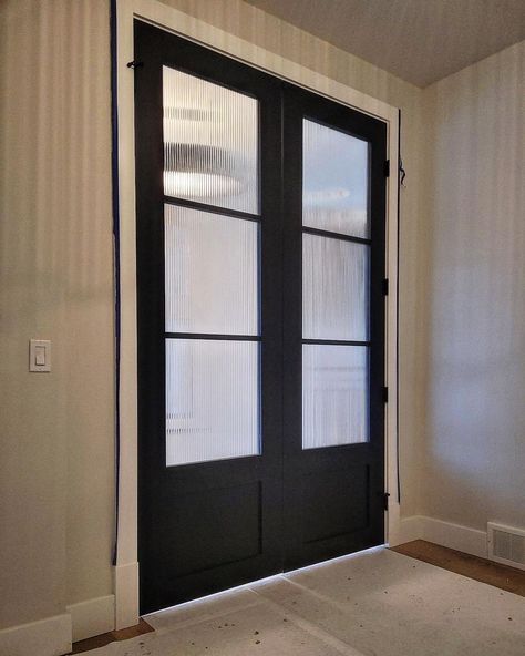 Reeded glass office doors we built and installed in this new home! #doors #glass #modernrustic #build #create #design Glass Door To Basement, Black Fluted Glass Door, Fluted Glass Front Door, Reeded Glass Door, Glass Office Doors, Glass Entrance Doors, Glass Pocket Doors, Office Doors, Glass Pantry