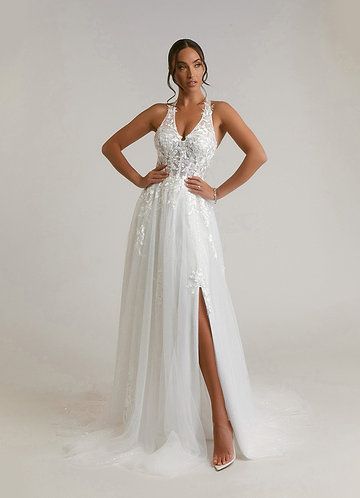 Diamond White Sample Dress | Azazie Diamond White Wedding Dress, Moonlight Wedding Dress, Wedding Dresses Diamonds, Chapel Train Wedding Dress, Halter Wedding Dress, White Wedding Gowns, Wedding Dress Lace, Boho Wedding Dress Lace, Wedding Reception Dress