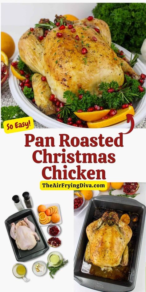 Pan Roasted Christmas Chicken Recipe, Roaster Oven Recipes Electric Chicken, Roasted Chicken Whole Christmas, Roasted Christmas Chicken, Oven Baked Whole Chicken, Christmas Chicken Recipes, Baked Whole Chicken, Roaster Oven Recipes, Whole Baked Chicken, Holiday Roasts