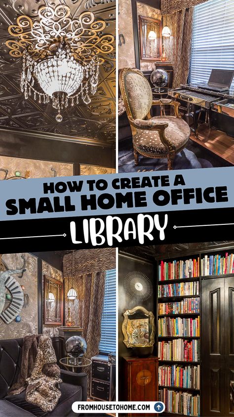 Turn a small beige bedroom into a cozy home office library with built-in bookshelves, a reading nook, and gold decor ideas. Perfect for room makeover ideas and small spaces. Small Home Office Library, Home Offices For Men, Small Office Library, Gold Decor Ideas, Small Library, Floor To Ceiling Bookshelves, A Reading Nook, Faux Tin Ceiling, Paneled Library