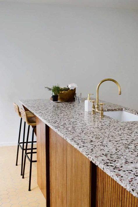 Granite Countertops That Will Look Perfect In Your Kitchen Light Grey Countertops, Terrazzo Kitchen Countertops, Terrazzo Countertop, Kitchen Granite Countertops, Terrazzo Kitchen, Modern Terrazzo, Green Kitchen Island, Green Kitchen Designs, Kitchen Granite