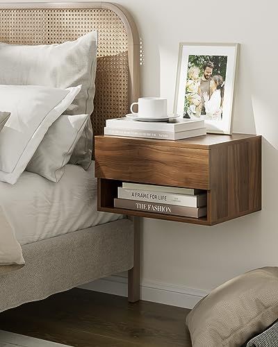 Aobafuir Floating Nightstand, Small Modern Floating Nightstand with Drawer, Floating Shelves for Bedroom, Bathroom (Walnut) Wall Mount Nightstand, Floating Side Table, Modern Bedroom Storage, Modern Floating Nightstand, Bathroom Brown, Minimalist Bedside Table, Narrow Nightstand, Floating Drawer, Shelves For Bedroom