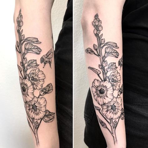 Hollyhock Tattoo Black And White, Hollyhocks Tattoo, Hollyhock Tattoo, Bumble Bee Tattoo, Hollyhocks Flowers, Hummingbird Tattoo, Tattoo Inspo, Black Tattoos, Tattoos And Piercings