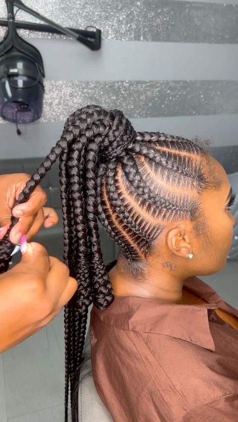 Braided ponytail #blackwomanownedbusiness #naturalbeauty #braid #longbraids #braidseason #braidsgang | Braids by Antoinette Barrel Ends Braids, Barrel Braids, Cornrows Braids For Black Women, Cute Braided Hairstyles, Braids For Black Women, Dyed Natural Hair, Cornrows Braids, Long Braids, Braided Ponytail