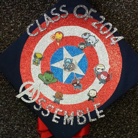 My graduation cap!! Marvel Graduation Cap Ideas, Grad Hats, Graduation Hats, Marvel Shoes, College Grad Cap Ideas, Avengers Tattoo, Grad Cap Decorated, High School Graduation Cap, College Graduation Cap Decoration