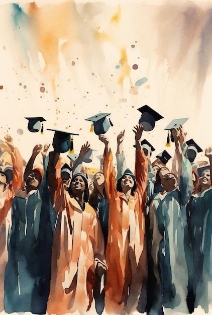 Graduation day watercolor people throwin... | Premium Photo #Freepik #photo #graduation-day #graduation-illustration #graduation #grad Graduation Painting, Graduation Ball Dress, Graduation Illustration, Graduation Ball, Watercolor People, Watercolor Graduation, Graduation Hats, Brain Storm, Graduation Art