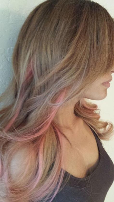 with pink peek a boos Pink And Lavender Hair, Lavender Hair Ideas, Brown Hair With Pink, Blonde And Pink, Pink Hair Highlights, Peekaboo Highlights, Pink Blonde Hair, Peekaboo Hair, Haircuts For Women Over 50