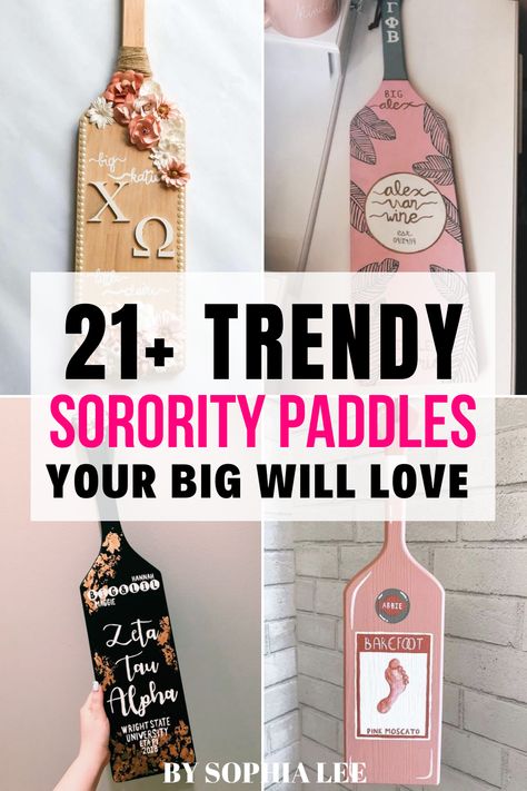 I've been looking everywhere for cute sorority paddles that are easy to recreate. So glad I found this post! So many good ideas. #sororitypaddles #sorority #biglittle Sorority Paddle Designs, Sorority Paddles Ideas Simple, Sorority Paddles Ideas Unique, Paddle Designs Sorority, Big Little Paddles Sorority Ideas, Cute Sorority Paddles, Greek Paddles Sorority, Sorority Paddles Ideas, Decorative Paddles