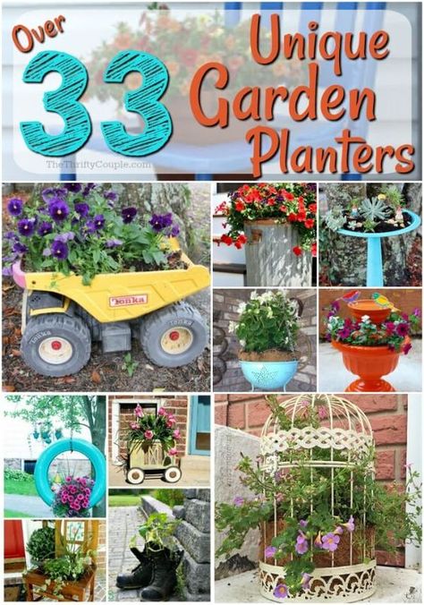 33 Ways to Reuse Items for Unique Garden Planter Ideas - The Thrifty Couple. I love these ideas on ways to use old items and stuff to make a new garden planter for flowers or vegetables, or herbs or fruit. You can turn nearly anything into a garden planter. #gardening #gardens #garden #gardenideas #gardentips #gardenhacks #planters #unique #containergardening #gardenplanters #outdoorspaces #outdoors #yards #tips #hacks #tricks #vegetablegarden #flowergarden Unique Container Garden Ideas, Unique Garden Containers, Unique Outdoor Planter Ideas, Unique Gardening Ideas, Unique Planter Ideas Outdoor, Shoe Planter Ideas, Planters From Recycled Items, Unusual Planters Ideas Upcycling, Repurposed Flower Pots