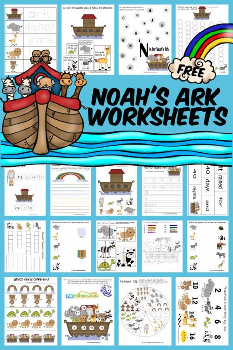 Kids will have fun practicing alphabet letter N, numbers, counting, skip counting by 2s, shapes and more with these noah's ark worksheet,  The noah and the ark worksheets are perfect for toddler, preschool, pre-k, and kindergarten age students and include clipart of Noah, the ark, and lots of cute animals from lions to turtles, panda to zebrra, giraffee to elephants, and more! Simply download pdf file with free noah's ark printables and you are ready to play and learn! Noah's Ark Activities For Kids, Noahs Ark Preschool, Noahs Ark Activities, Noahs Ark Craft, Free Sunday School Lessons, Ark Craft, Noahs Ark Animals, Bible Activities For Kids, Sunday School Crafts For Kids