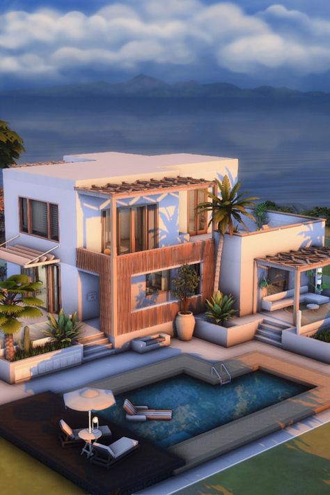 Sims House No Packs, Sims 4 Vacation House Sulani, Sims4 Home Ideas, Sims 4 Airbnb, Vacation House Sims 4, Vacation Home Sims 4, Sims 4 Resort Build, The Sims 4 Houses Ideas No Cc, Casa No The Sims