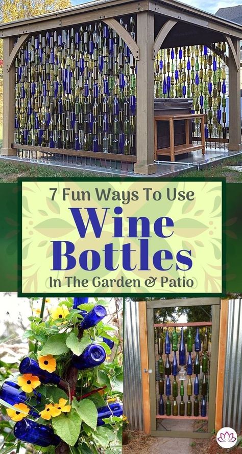 7 Ways To Use Old Wine Bottles In Your Landscape - Container Water Gardens | Wine bottle outdoor, Wine bottle garden, Old wine bottles Wine Bottles In The Garden, Wine Bottle Fence, Bottles In The Garden, Wine Bottle Outdoor, Empty Wine Bottle Crafts, Wine Bottle Garden, Reuse Wine Bottles, Wine Bottle Project, Container Water Gardens