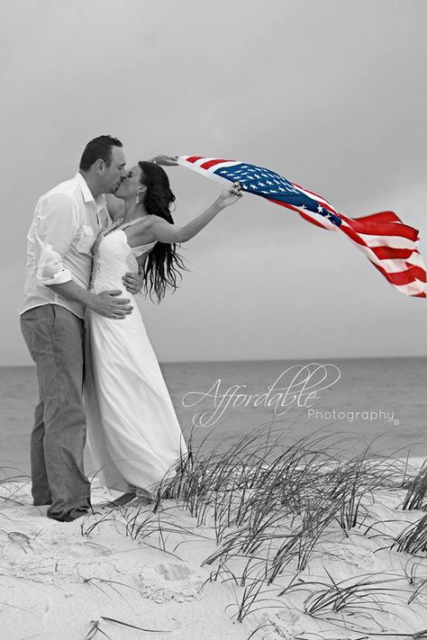 The best wedding picture idea! On the beach, black & white with the American flag in color. Great tribute to my husband in the army. Army Boyfriend, Army Wedding, Military Wedding, Gulf Coast Florida, The American Flag, Photographs Ideas, American Wedding, Wedding Engagement Photos, Coast Wedding