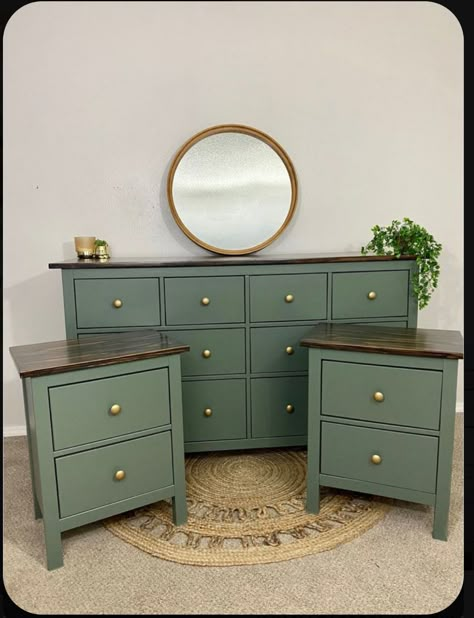 Green Ikea Dresser, Dark Sage Green Furniture, Color Dresser Bedroom, Painted Ikea Furniture Ideas, Diy Green Dresser Furniture Makeover, Green Dresser In Bedroom, Olive Green Dresser Diy, Green Hemnes Dresser, Green Refinished Dresser