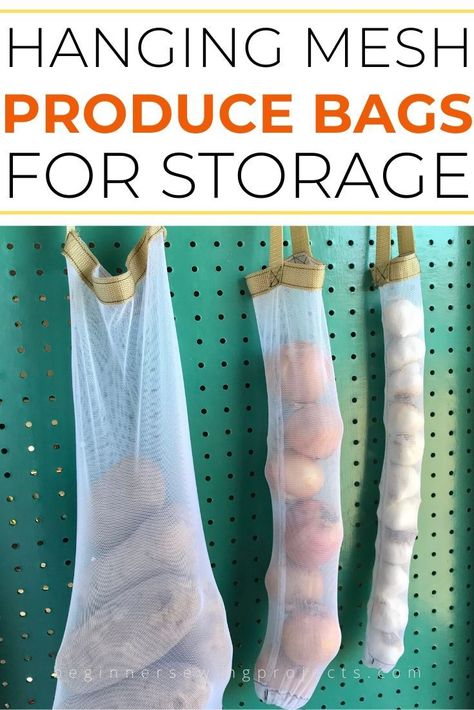 Keep your fruits and veggies fresh, tidy and accessible with some hanging mesh produce bags. It's an easy sewing project to make in three sizes! #sewing Mesh Produce Bags, Vegetable Bag, Fruit Bag, Sewing Machine Projects, Sewing Elastic, Sewing Crafts Tutorials, Produce Bags, Diy Hanging, Hanging Bag