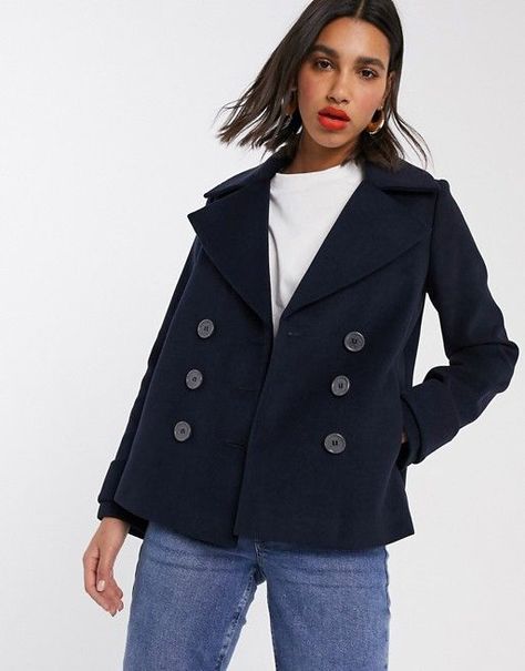 Navy Peacoat Outfit, Double Breasted Coat Outfit, Peacoat Outfits, Navy Jacket Outfit, Short Jacket Outfit, Peacoat Outfit, Chic Peas, Short Faux Fur Coat, Navy Peacoat