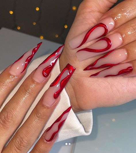 Shapes Nails, Red Chrome Nails, Red Stiletto Nails, Acrylic Nails Stiletto, Stilleto Nails Designs, Chrome Nails Designs, Red Acrylic Nails, Spring Red, Stiletto Nails Designs