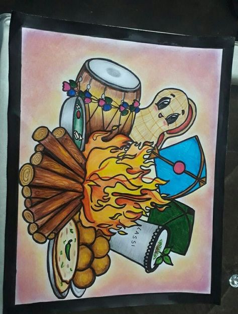 Baisakhi Poster Drawing, Baisakhi Drawing Ideas, Happy Lohri Chart, Lohri Festival Painting, Happy Lohri Drawings, Baisakhi Festival Drawing, Drawing For Art Competition, Lohri Poster Ideas, Lohri Drawing Ideas