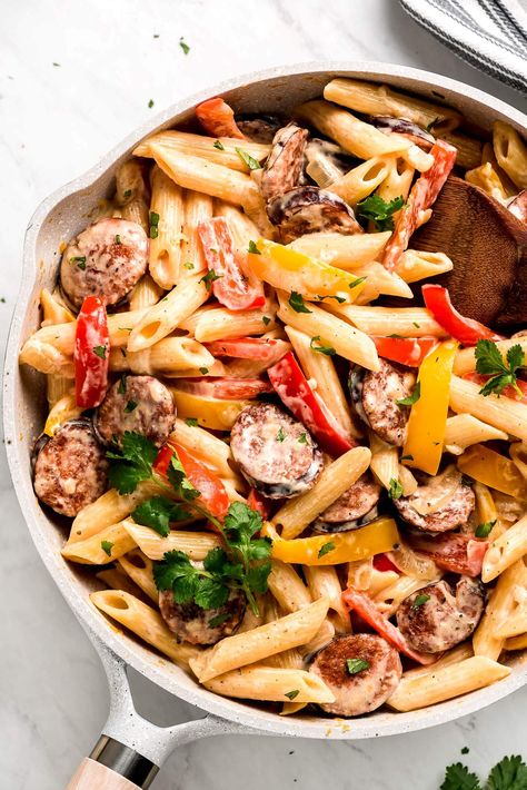 Creamy Cajun Sausage Pasta - Garnish & Glaze Sausage Alfredo Pasta, Joyous Apron, Cajun Sausage Pasta, Sausage Pasta Recipe, Sausage Alfredo, Creamy Cajun Pasta, Sauteed Chicken Breast, Cajun Sausage, Homemade Cajun Seasoning