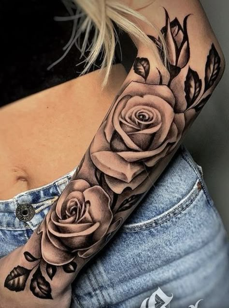 Womens Rose Sleeve Tattoo, Rose Sleeve Tattoos For Women, Glitter Rose Tattoo, Black And Grey Sleeve Women, Right Arm Sleeve Tattoo For Women, Rose Tattoo On Forearm For Women, Sleeve Tattoos For Women Roses, Arm Pit Tattoo Women, Rose Sleeve Tattoo Women Forearm