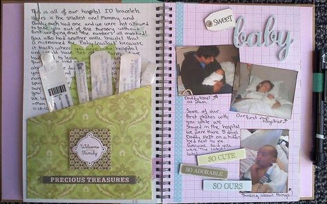 Baby's 1st Memory Book - Page 4-5 My First Year Scrapbook Ideas, Scrapbook Ideas For Childhood Memories, Scrapbook Ideas For Baby Boy, Baby Scrapbook Ideas Layout, Baby Scrapbook Ideas, Nicu Quotes, Scrapbook Baby Book Ideas, Baby Journal Book, Pregnancy Scrapbook