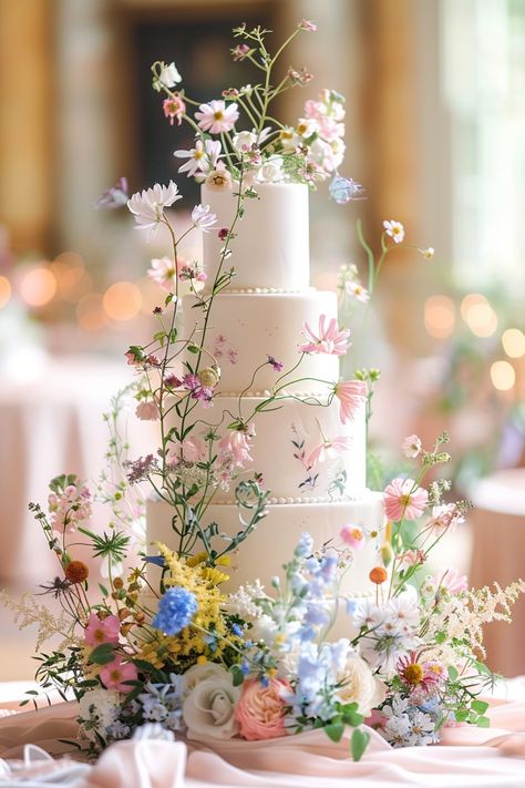 Get ready to be inspired by 78 gorgeous wildflower wedding cakes for every bride-to-be! These cakes are perfect for adding a touch of nature to your special day. Discover the full list now and find the perfect cake for your wedding. Click to see them all! Wildflower Wedding Theme Cake, White Wedding Cake With Colorful Flowers, Wildflower Cake Wedding, Spring Floral Wedding Cake, Flower Themed Birthday Cake, Dried Flower Wedding Cake, Woolshed Weddings, Wild Flower Wedding Cake, Wildflowers Decor