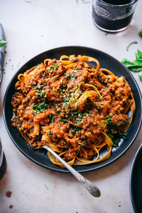 Vegan Lentil Bolognese, Crowded Kitchen, Comfort Pasta, Lentil Bolognese, Vegan Bolognese, Vegan Lentil, Vegan Pasta Recipes, Bolognese Sauce, Lentil Recipes