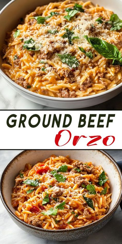 🥘 Hearty and delicious! This Ground Beef Orzo is made with simple ingredients but delivers BIG flavor. A family-friendly favorite! 🧄 #ComfortFood #EasyDinnerRecipes #FamilyMeals Orzo With Ground Beef, Orzo Hamburger Recipes, Orzo Beef Recipes, Stuff To Make With Ground Beef, Hamburger Orzo Recipes, Orzo Ground Beef Recipes, Orzo And Ground Beef Recipes, Beef Orzo Recipes, Ground Beef Mediterranean Recipes