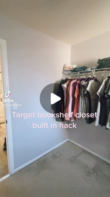 Closet System Ideas Diy, Bookshelf In Closet Storage, Bookshelf To Closet, Shelves In Closet Diy, Closet Book Shelf Ideas, Diy Shelf Closet, Target Shelf Hack, Create A Closet Where There Is None, Target Bookshelf Walk In Closet Hack